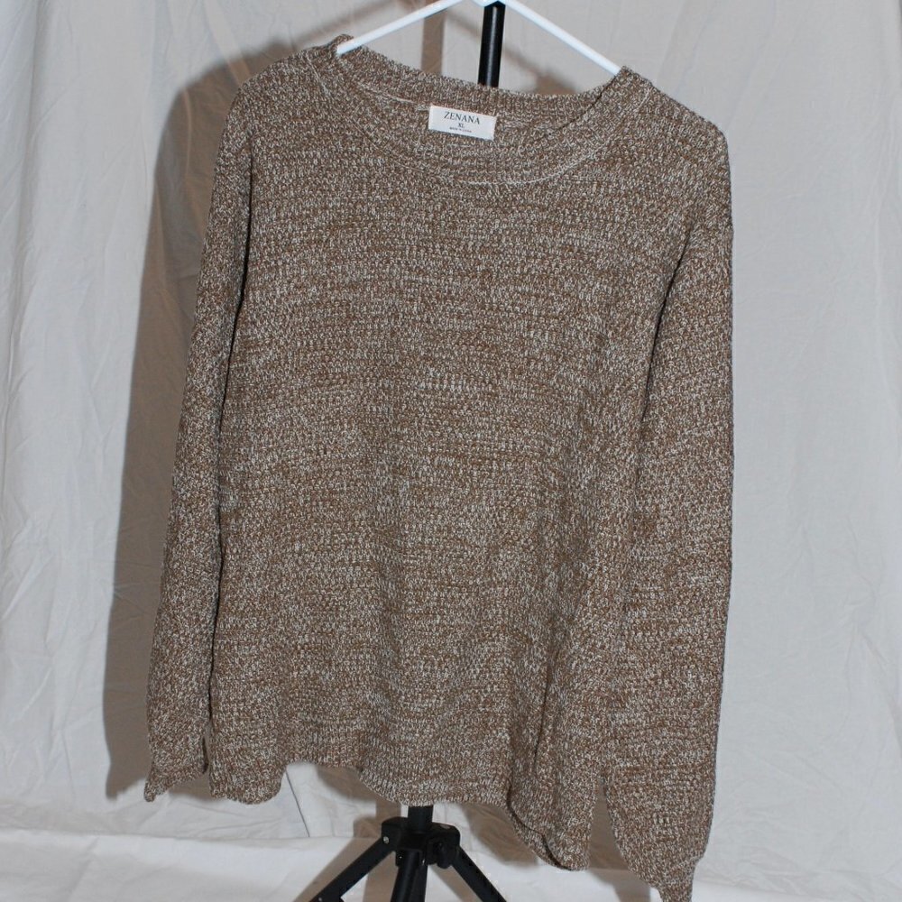 Zenana Womens XL Sweater Brown White Speckled 100% Acrylic Warm Winter Top EUC